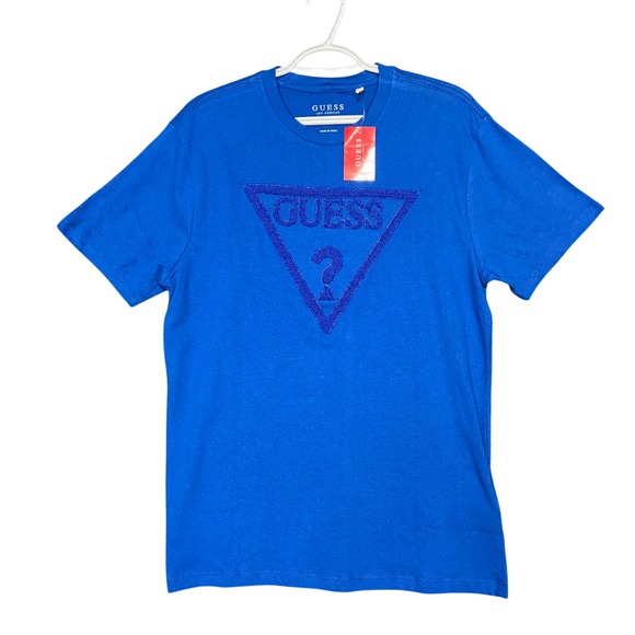 GUESS Los Angeles Men's M Blue Maya Chenille Triangle Logo T-Shirt Crew Neck NWT - Picture 1 of 7